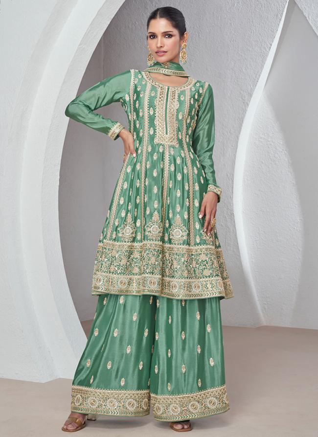 Chinnon Silk Pista Green Wedding Wear Embroidery Work Palazzo Suit